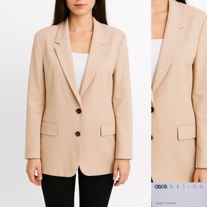ASOS Design Career Jacket Blazer Solid Beige Two Button Poly Blend Sz 8